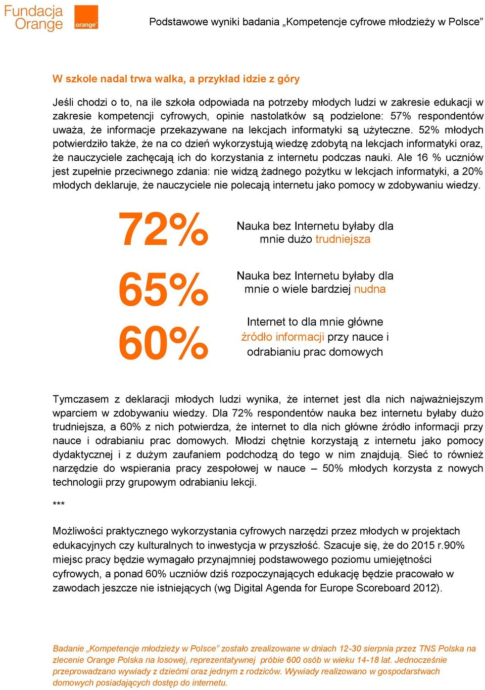 52% młodych potwierdziło także, że na co dzień wykorzystują wiedzę zdobytą na lekcjach informatyki oraz, że nauczyciele zachęcają ich do korzystania z internetu podczas nauki.