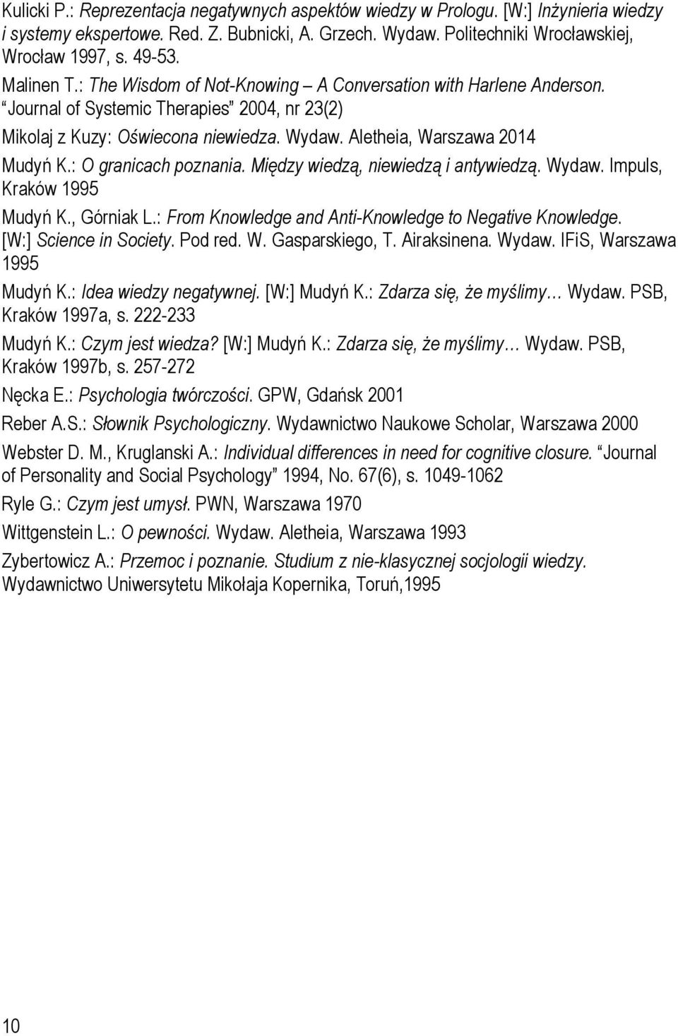 : O granicach poznania. Między wiedzą, niewiedzą i antywiedzą. Wydaw. Impuls, Kraków 1995 Mudyń K., Górniak L.: From Knowledge and Anti-Knowledge to Negative Knowledge. [W:] Science in Society.