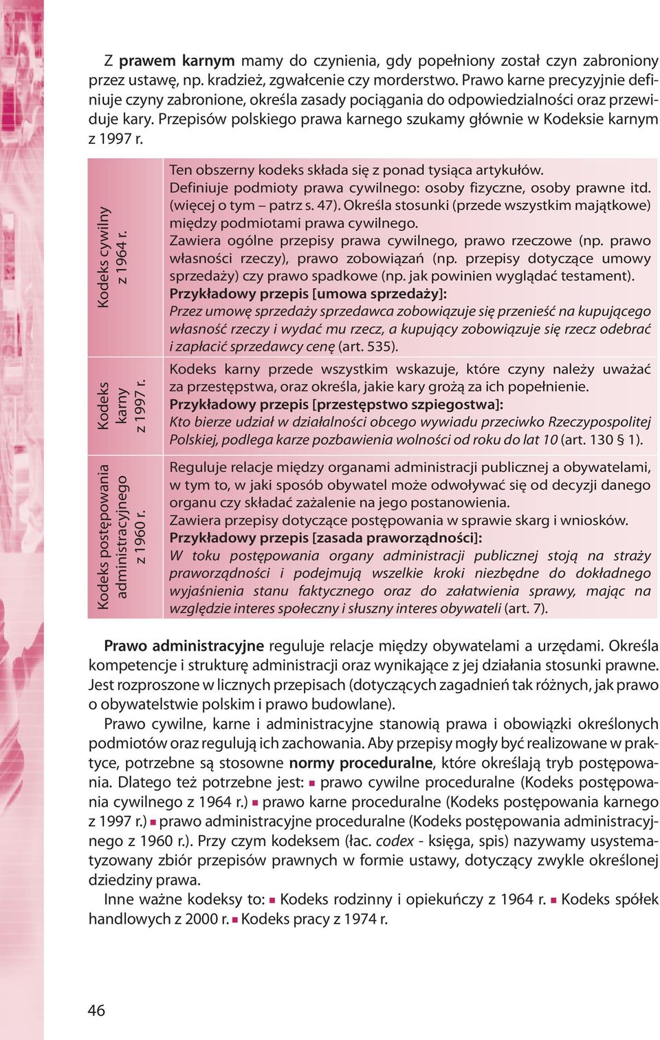 Kodeks cywilny z 1964 r. Kodeks karny z 1997 r. Kodeks postępowania administracyjnego z 1960 r. Ten obszerny kodeks składa się z ponad tysiąca artykułów.