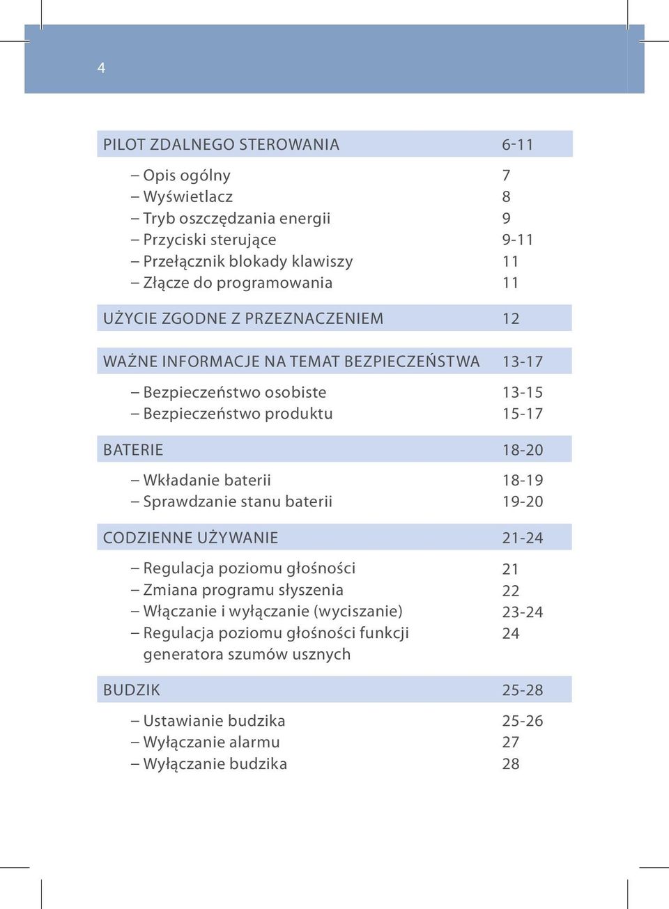 18-20 Wkładanie baterii Sprawdzanie stanu baterii 18-19 19-20 Codzienne używanie 21-24 Regulacja poziomu głośności Zmiana programu słyszenia Włączanie i wyłączanie