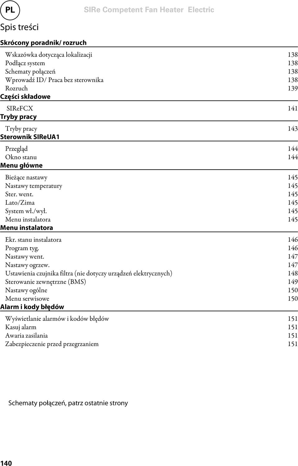 145 Menu instalatora 145 Menu instalatora Ekr. stanu instalatora 146 Program tyg. 146 Nastawy went. 147 Nastawy ogrzew.
