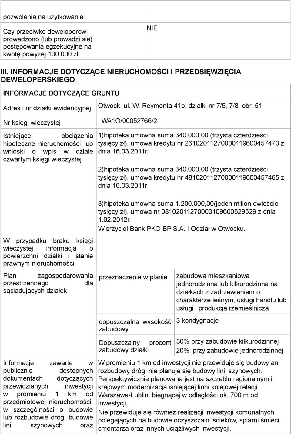 51 Nr księgi wieczystej WA1O/00052766/2 Istniejące obciążenia hipoteczne nieruchomości lub wnioski o wpis w dziale czwartym księgi wieczystej 1)hipoteka umowna suma 340.