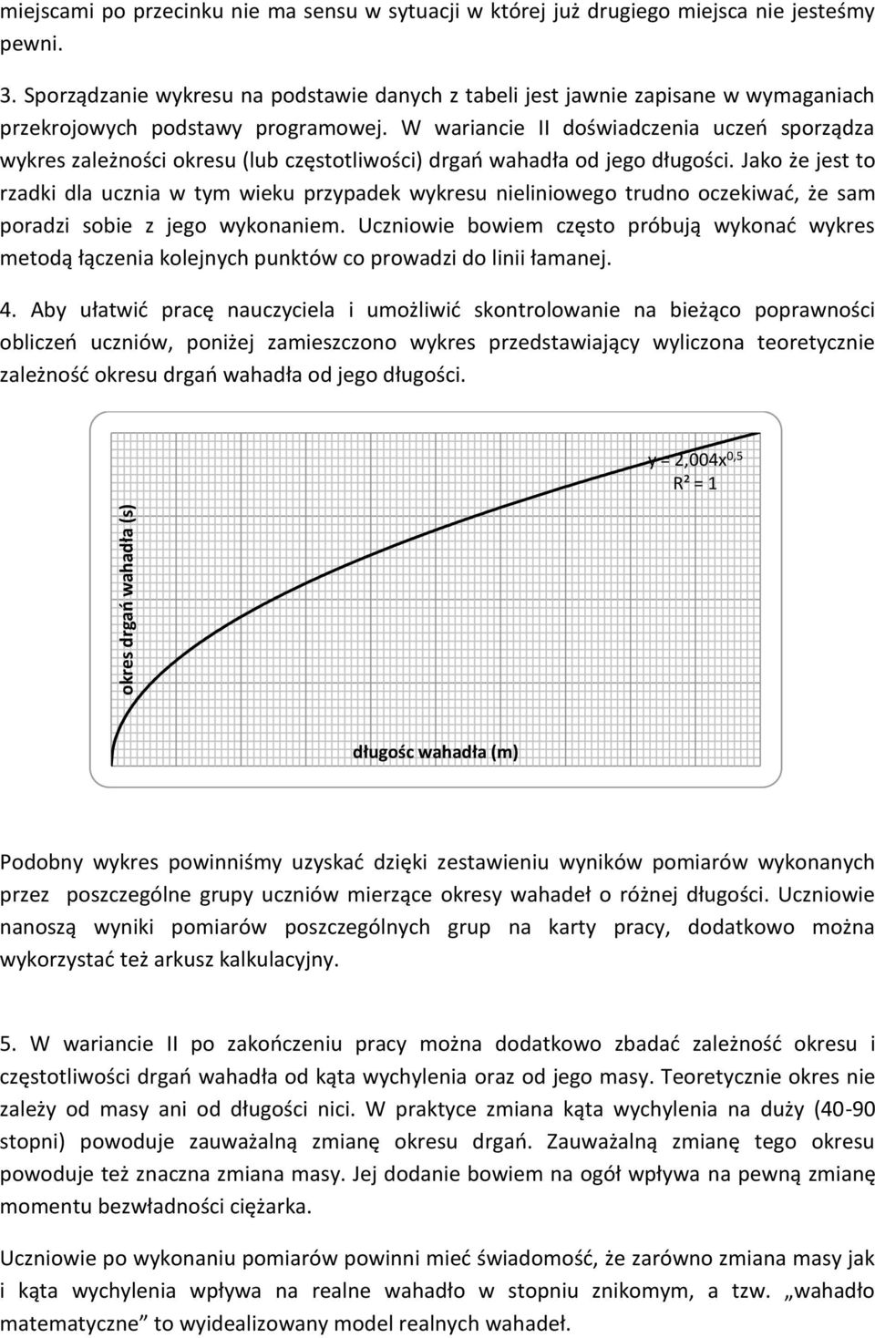 W wariancie II doświadczenia uczeń sporządza wykres zależności okresu (lub częstotliwości) drgań wahadła od jego długości.