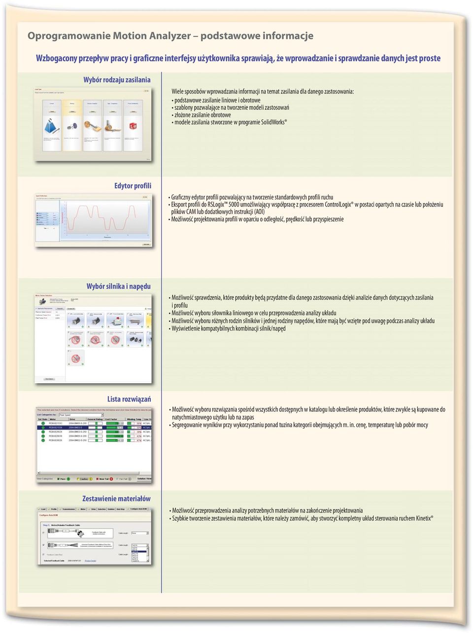 obrotowe modele zasilania stworzone w programie SolidWorks Edytor profili Graficzny edytor profili pozwalający na tworzenie standardowych profili ruchu Eksport profili do RSLogix 5000 umożliwiający