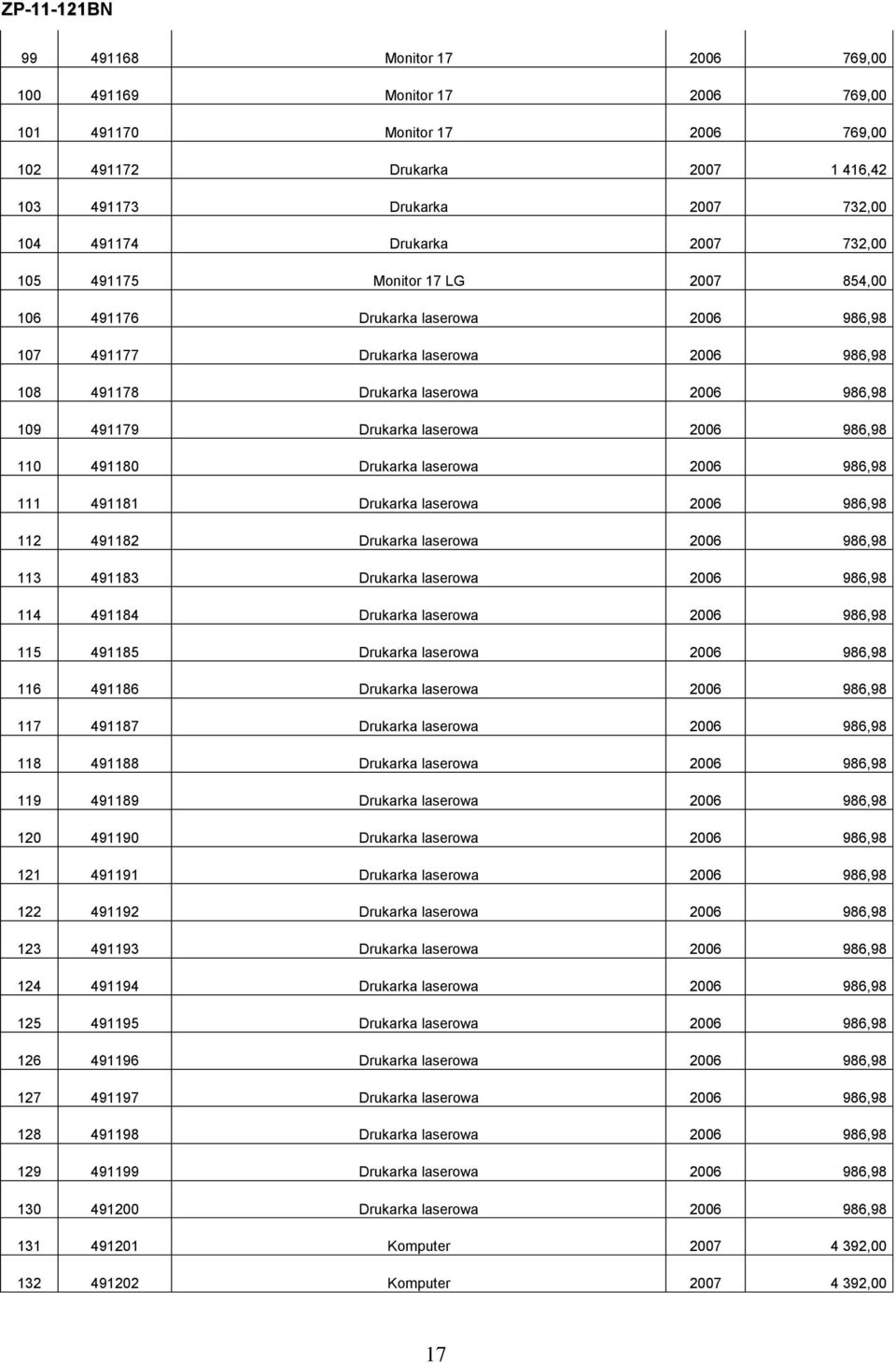 986,98 110 491180 Drukarka laserowa 2006 986,98 111 491181 Drukarka laserowa 2006 986,98 112 491182 Drukarka laserowa 2006 986,98 113 491183 Drukarka laserowa 2006 986,98 114 491184 Drukarka laserowa