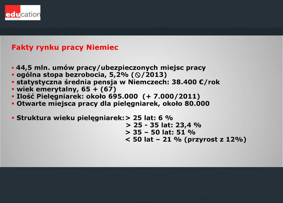 pensja w Niemczech: 38.400 /rok wiek emerytalny, 65 + (67) Ilość Pielęgniarek: około 695.000 (+ 7.