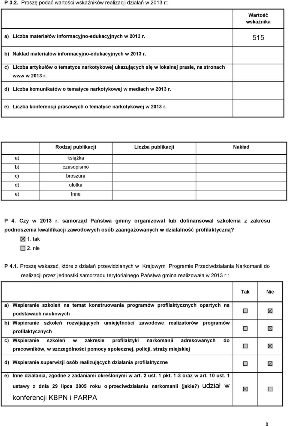 e) Liczba konferencji prasowych o tematyce narkotykowej w 2013 r. Rodzaj publikacji Liczba publikacji Nakład a) książka b) czasopismo c) broszura d) ulotka e) Inne P 4. Czy w 2013 r.