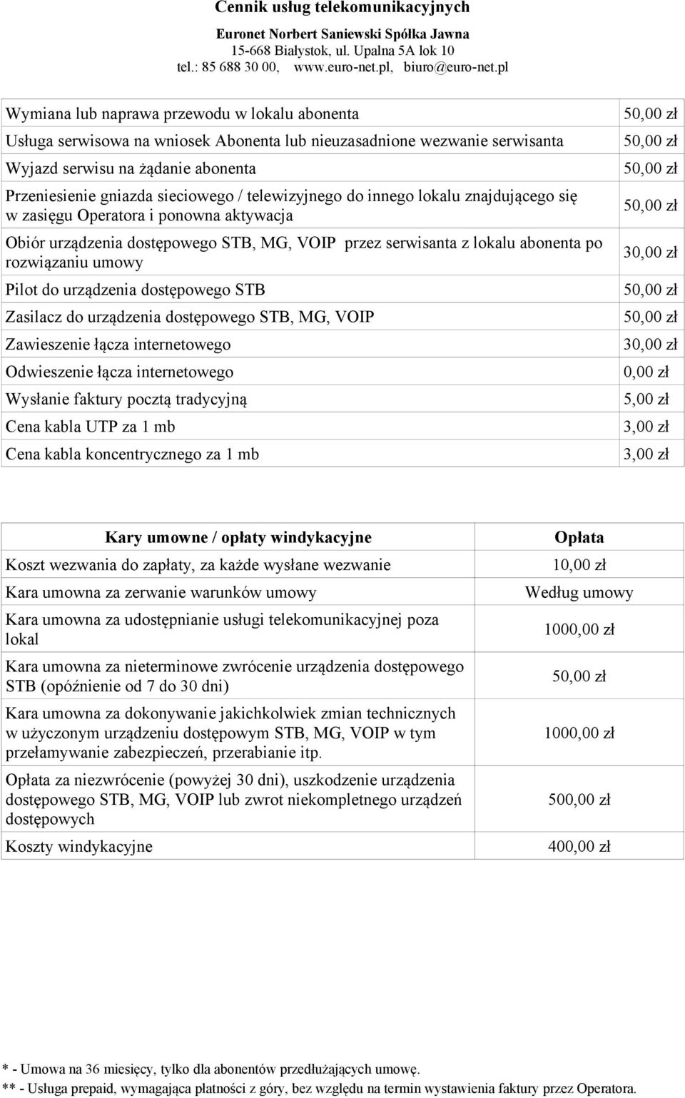 urządzenia dostępowego STB Zasilacz do urządzenia dostępowego STB, MG, VOIP Zawieszenie łącza internetowego Odwieszenie łącza internetowego Wysłanie faktury pocztą tradycyjną Cena kabla UTP za 1 mb