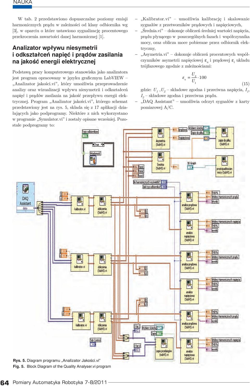 Aalizator wpływu iesymetrii i odkształceń apięć i prądów zasilaia a jakość eergii elektryczej Podstawą pracy komputerowego staowiska jako aalizatora jest program opracoway w języku graficzym LabVEW