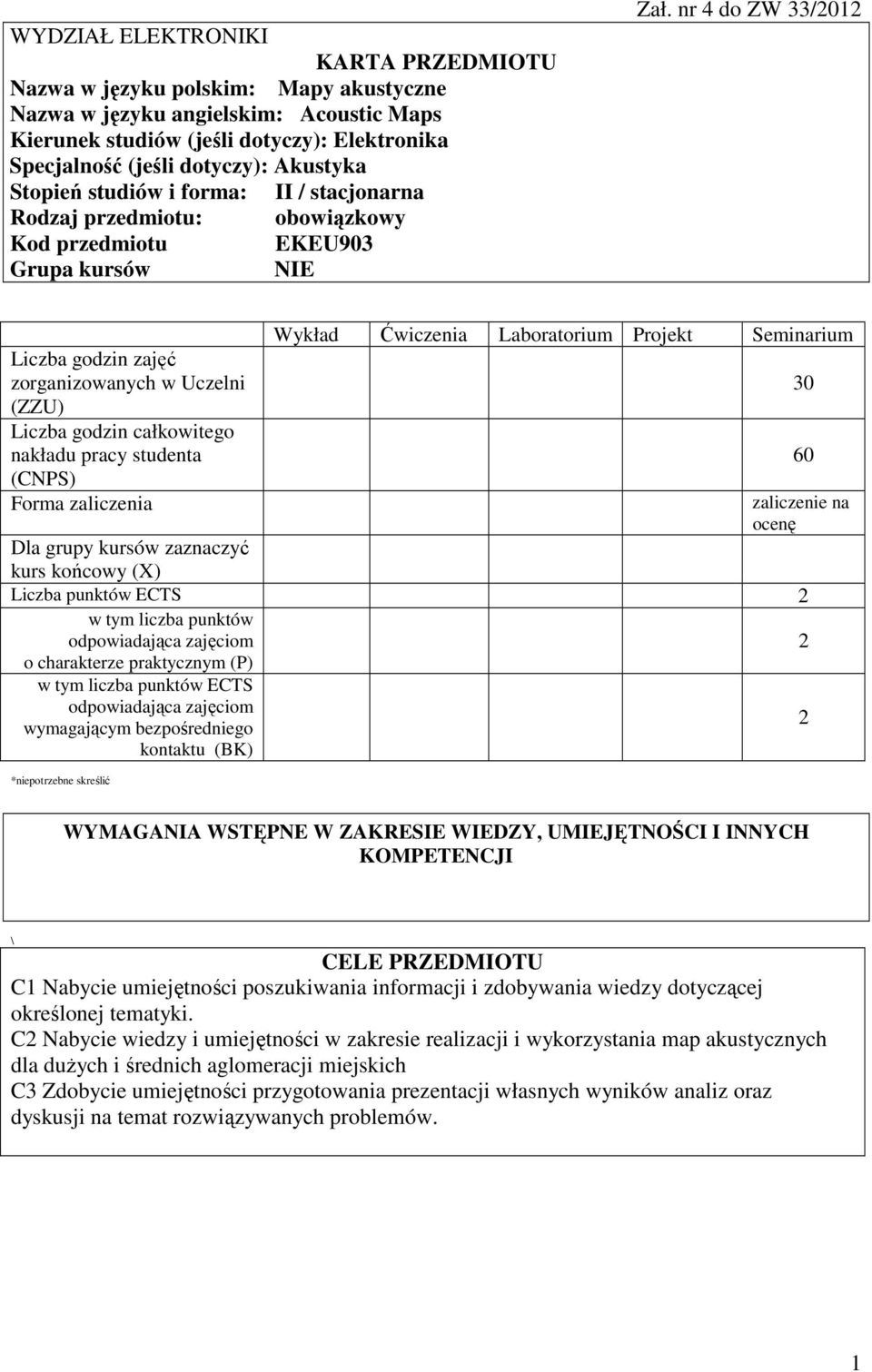 nr 4 do ZW 33/01 zajęć zorganizowanych w Uczelni (ZZU) całkowitego nakładu pracy studenta (CNPS) Forma zaliczenia Wykład Ćwiczenia Laboratorium Projekt Seminarium 30 60 zaliczenie na ocenę Dla grupy