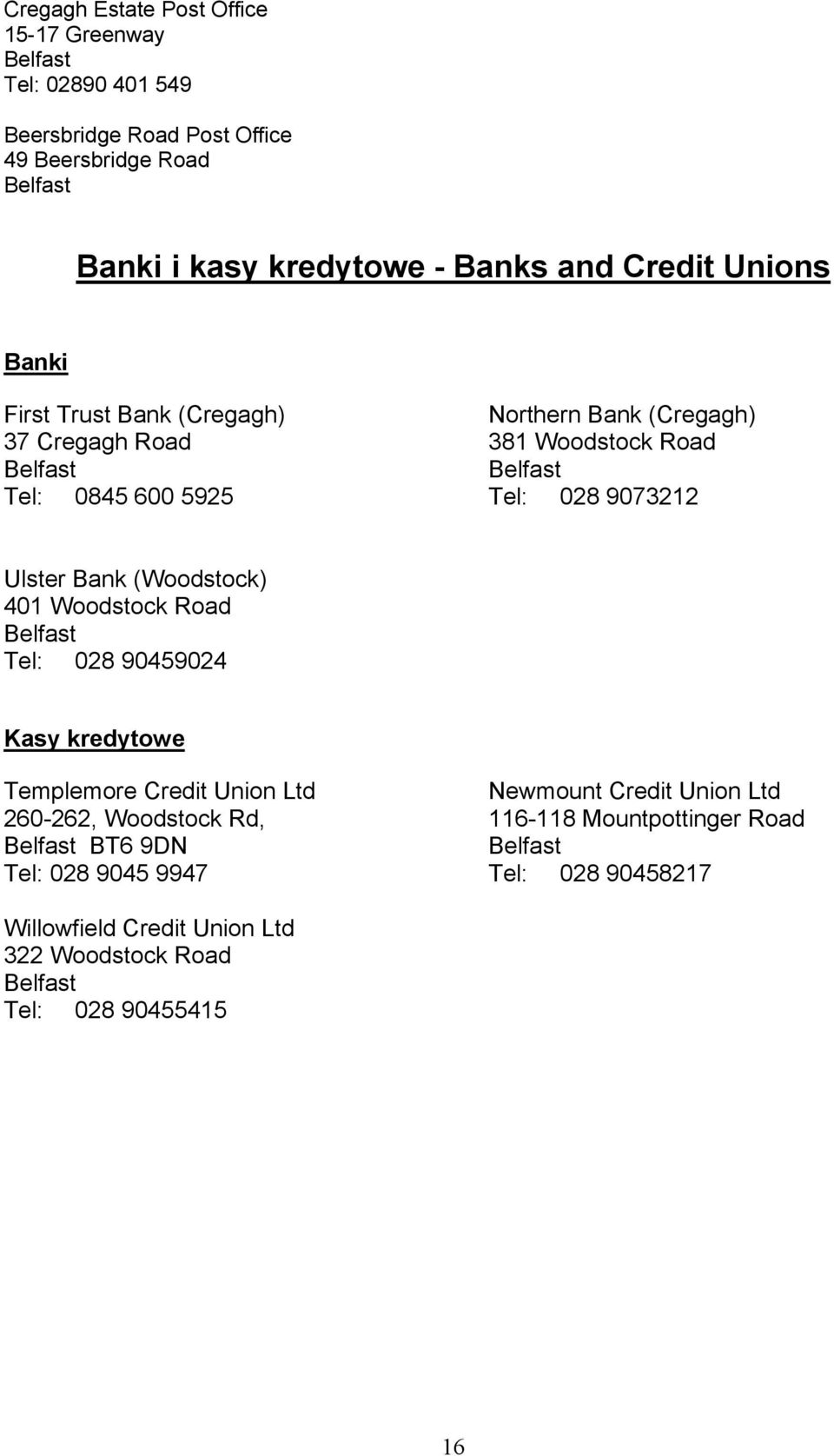 Ulster Bank (Woodstock) 401 Woodstock Road Tel: 028 90459024 Kasy kredytowe Templemore Credit Union Ltd Newmount Credit Union Ltd 260-262,