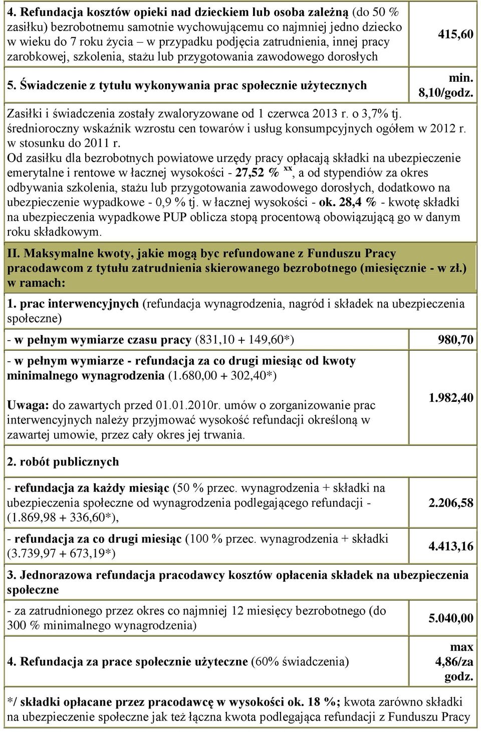 Zasiłki i świadczenia zostały zwaloryzowane od 1 czerwca 2013 r. o 3,7% tj. średnioroczny wskaźnik wzrostu cen towarów i usług konsumpcyjnych ogółem w 2012 r. w stosunku do 2011 r.