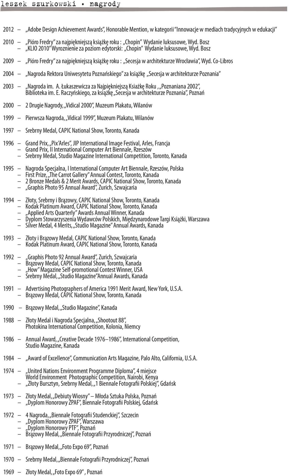 Co-Libros 2004 Nagroda Rektora Uniwesytetu Poznańskiego za książkę Secesja w architekturze Poznania 2003 Nagroda im. A. Łukaszewicza za Najpiękniejszą Ksiażkę Roku, Poznaniana 2002, Biblioteka im. E.