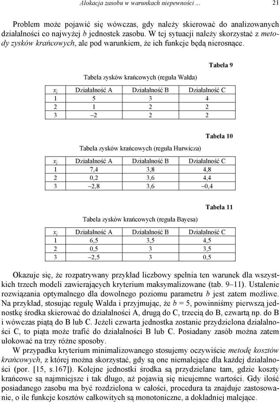 Tabela zysów rańcowych (reguła Walda) Tabela 9 x Działalność A Działalność B Działalność C 1 5 3 4 2 1 2 2 3 2 2 2 Tabela zysów rańcowych (reguła Hurwicza) Tabela 10 x Działalność A Działalność B