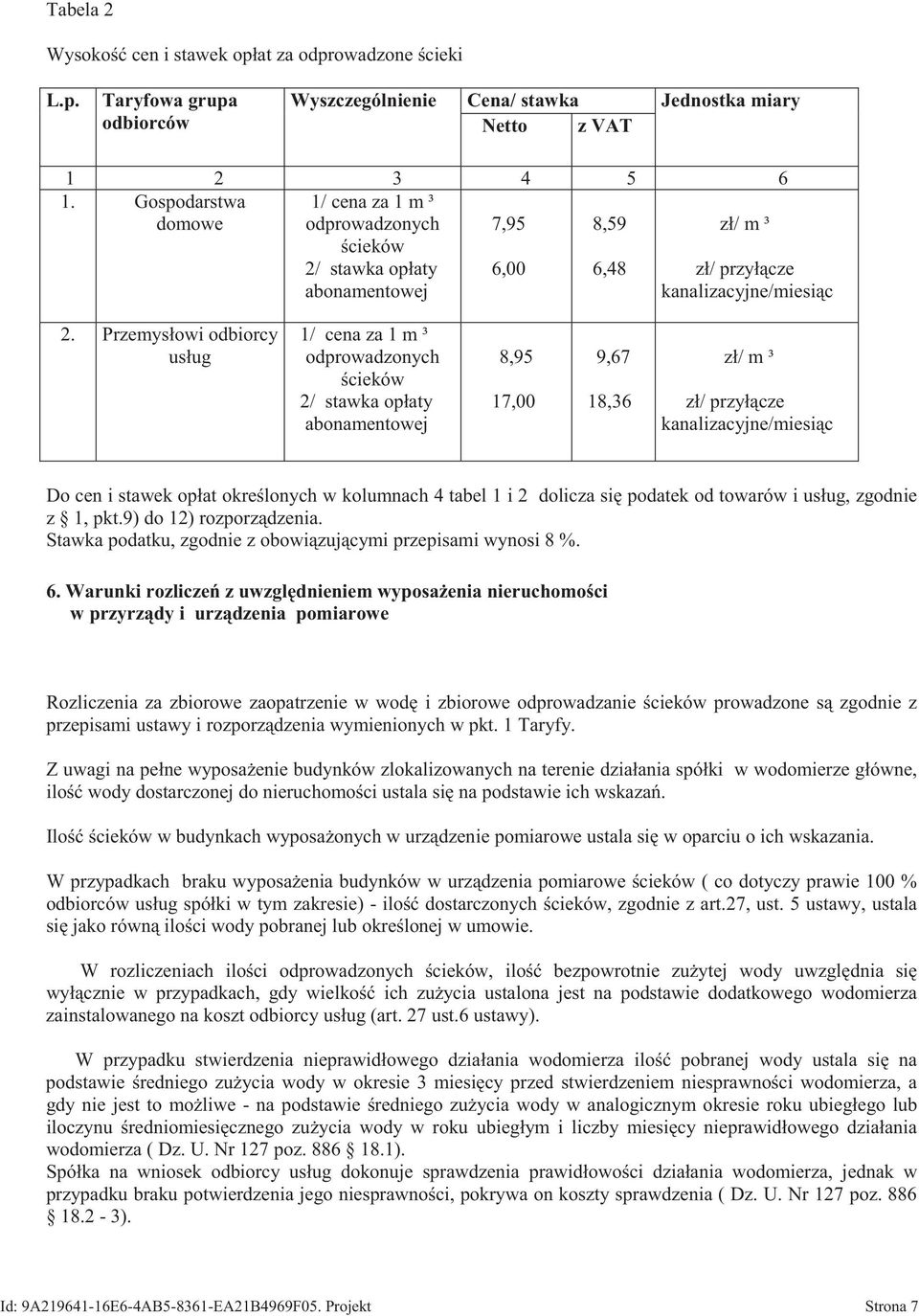 Przemysłowi odbiorcy usług 1/ cena za 1 m ³ odprowadzonych cieków 2/ stawka opłaty abonamentowej 8,95 17,00 9,67 18,36 zł/ m ³ zł/ przył cze kanalizacyjne/miesi c Do cen i stawek opłat okre lonych w