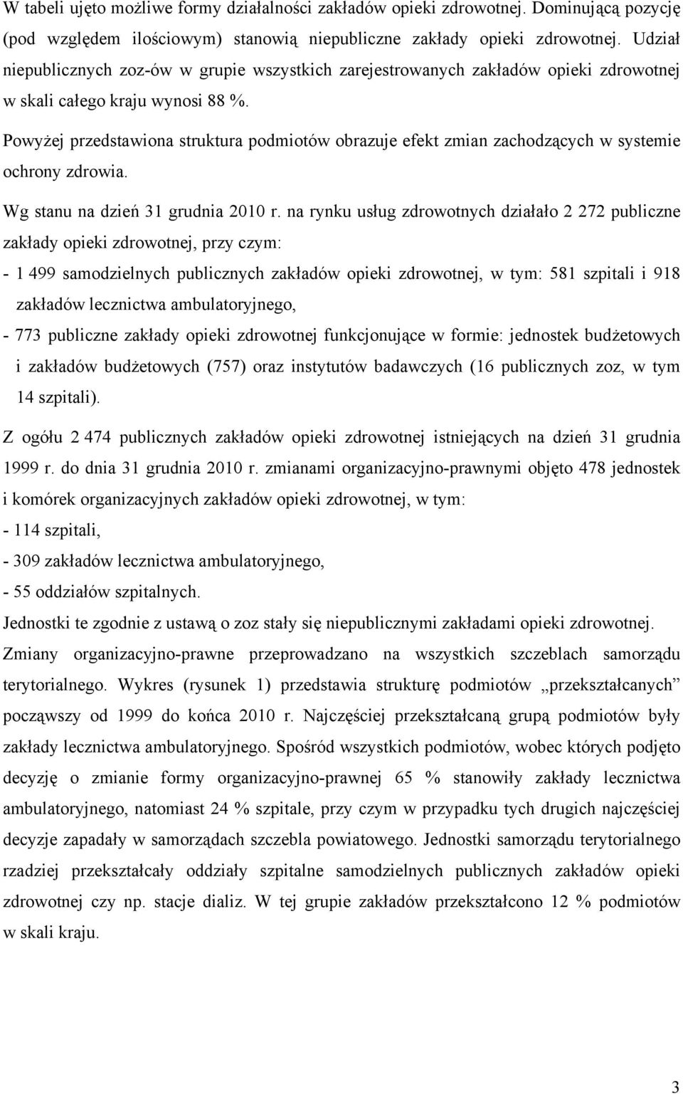 Powyżej przedstawiona struktura podmiotów obrazuje efekt zmian zachodzących w systemie ochrony zdrowia. Wg stanu na dzień 31 grudnia 2010 r.