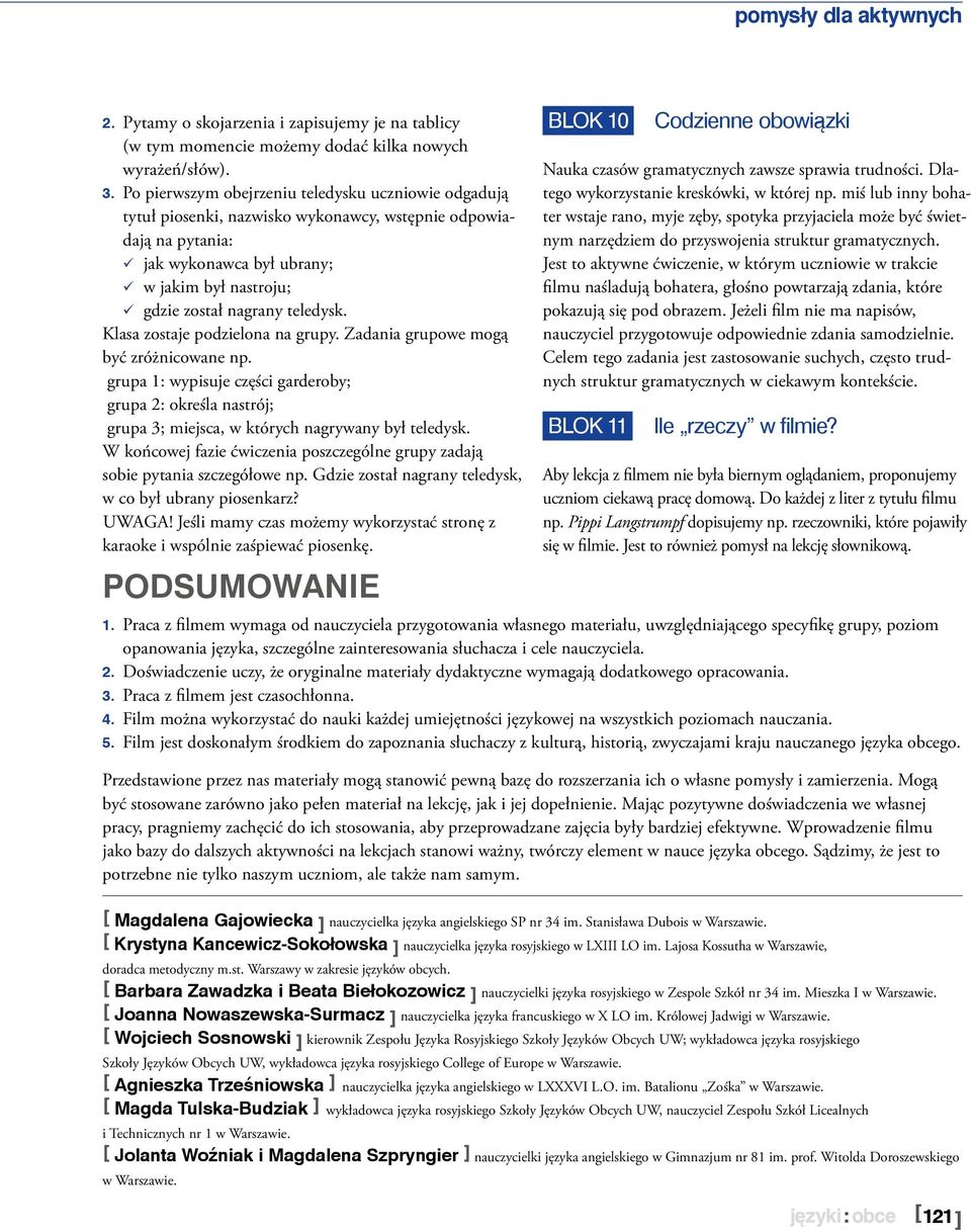 teledysk. Klasa zostaje podzielona na grupy. Zadania grupowe mogą być zróżnicowane np. grupa 1: wypisuje części garderoby; grupa 2: określa nastrój; grupa 3; miejsca, w których nagrywany był teledysk.