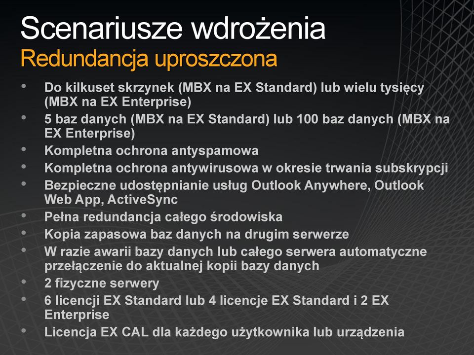 App, ActiveSync Pełna redundancja całego środowiska Kopia zapasowa baz danych na drugim serwerze W razie awarii bazy danych lub całego serwera automatyczne przełączenie