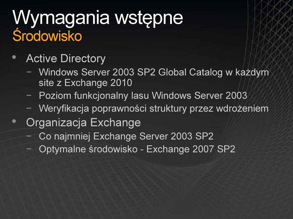 2003 Weryfikacja poprawności struktury przez wdrożeniem Organizacja Exchange