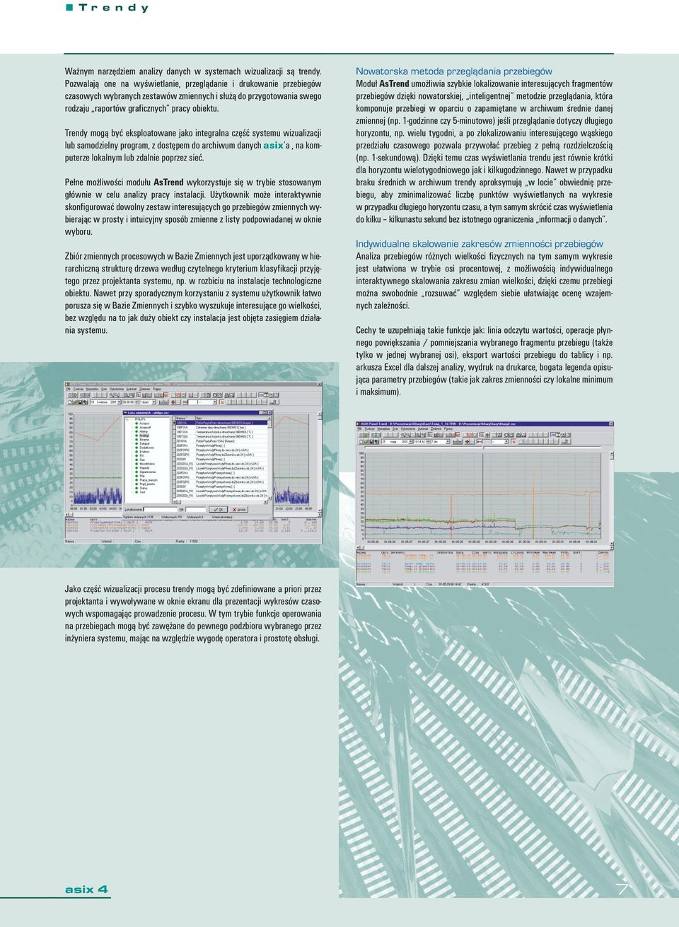 Trendy mogą być eksploatowane jako integralna część systemu wizualizacji lub samodzielny program, z dostępem do archiwum danych asix a, na komputerze lokalnym lub zdalnie poprzez sieć.