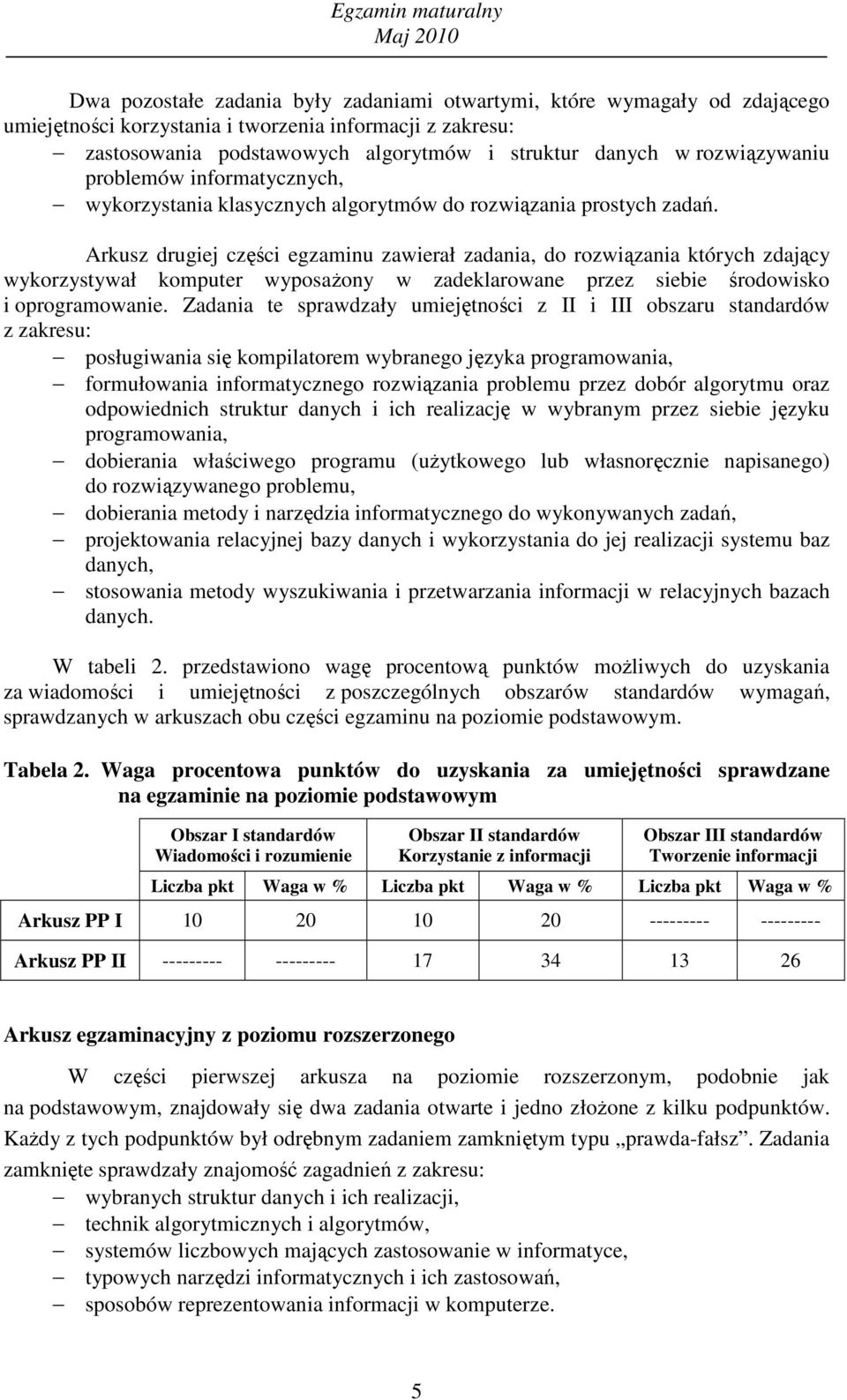 Arkusz drugiej części egzaminu zawierał zadania, do rozwiązania których zdający wykorzystywał komputer wyposaŝony w zadeklarowane przez siebie środowisko i oprogramowanie.