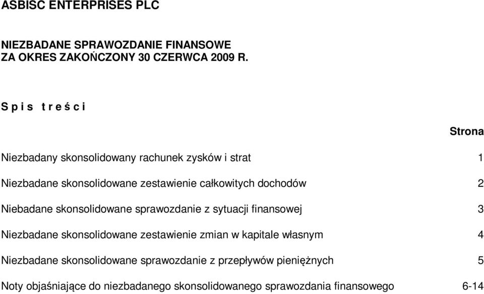 całkowitych dochodów 2 Niebadane skonsolidowane sprawozdanie z sytuacji finansowej 3 Niezbadane skonsolidowane