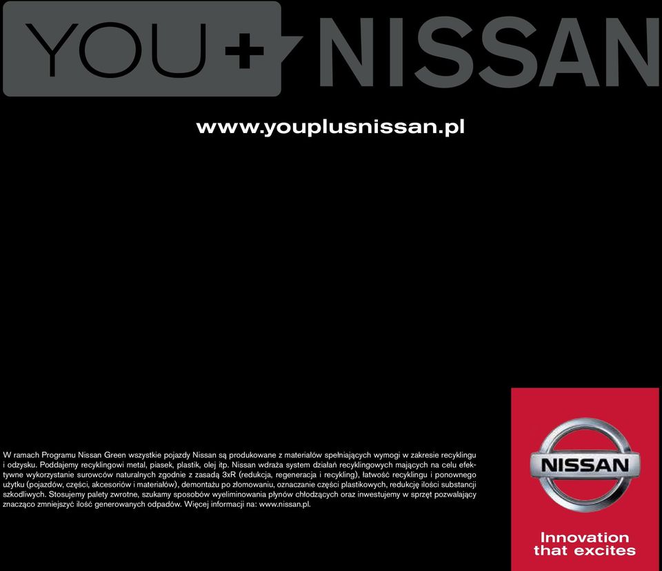 Nissan wdraża system działań recyklingowych mających na celu efektywne wykorzystanie surowców naturalnych zgodnie z zasadą 3xR (redukcja, regeneracja i recykling), łatwość recyklingu i