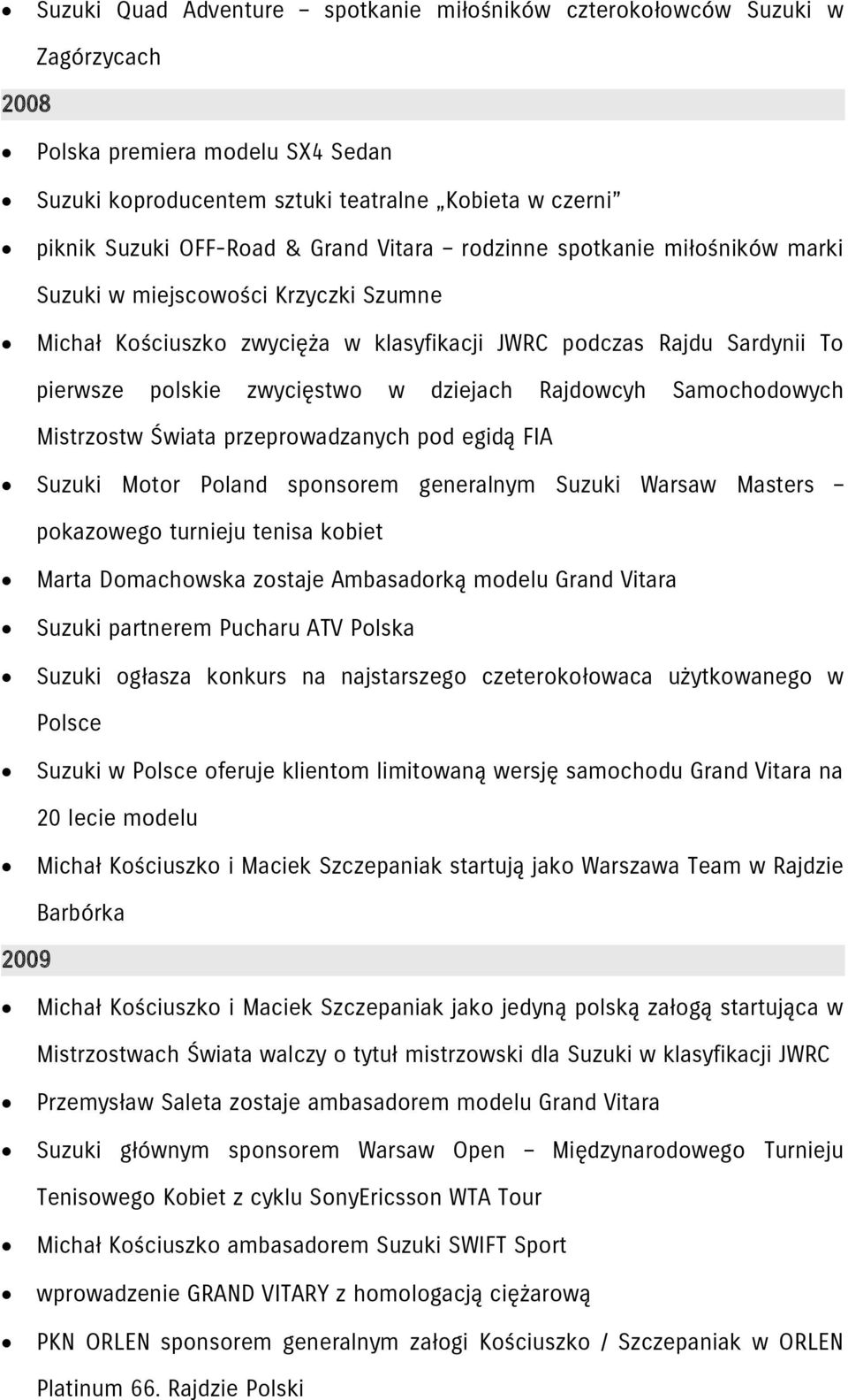 Rajdowcyh Samochodowych Mistrzostw Świata przeprowadzanych pod egidą FIA Suzuki Motor Poland sponsorem generalnym Suzuki Warsaw Masters pokazowego turnieju tenisa kobiet Marta Domachowska zostaje