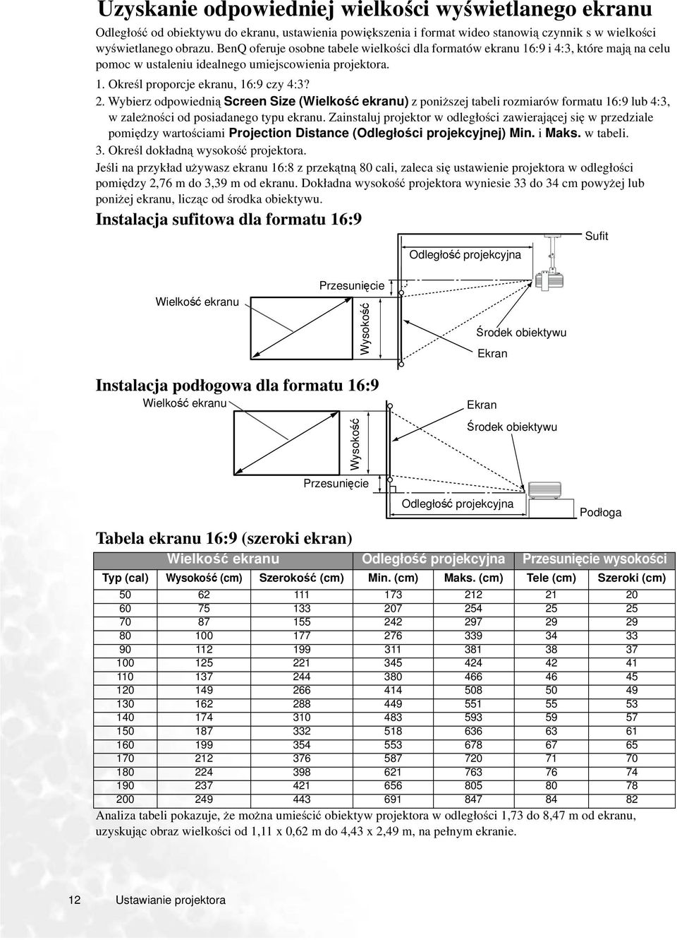 Wybierz odpowiednią Screen Size (Wielkość ekranu) z poniższej tabeli rozmiarów formatu 16:9 lub 4:3, w zależności od posiadanego typu ekranu.