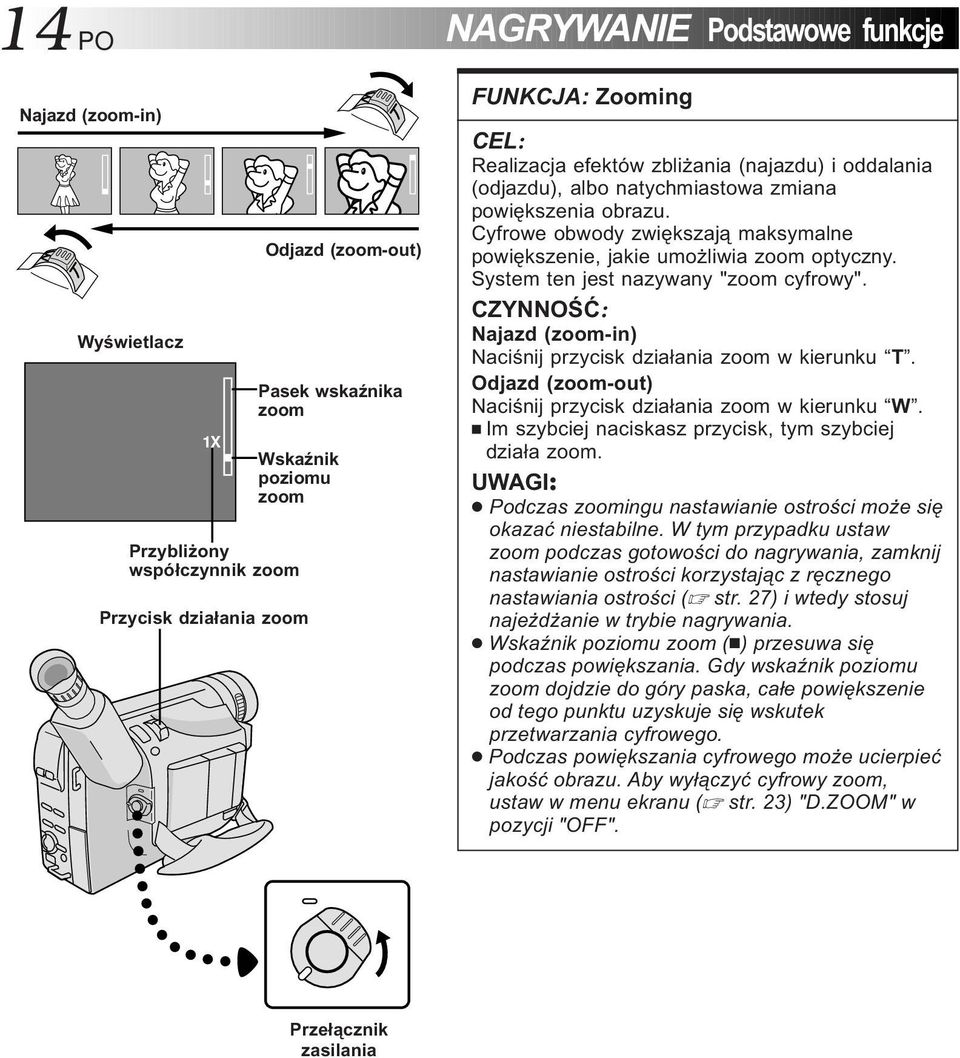 System ten jest nazywany "zoom cyfrowy". CZYNNOŚĆ: Najazd (zoom-in) Naciśnij przycisk działania zoom w kierunku T. Odjazd (zoom-out) Naciśnij przycisk działania zoom w kierunku W.