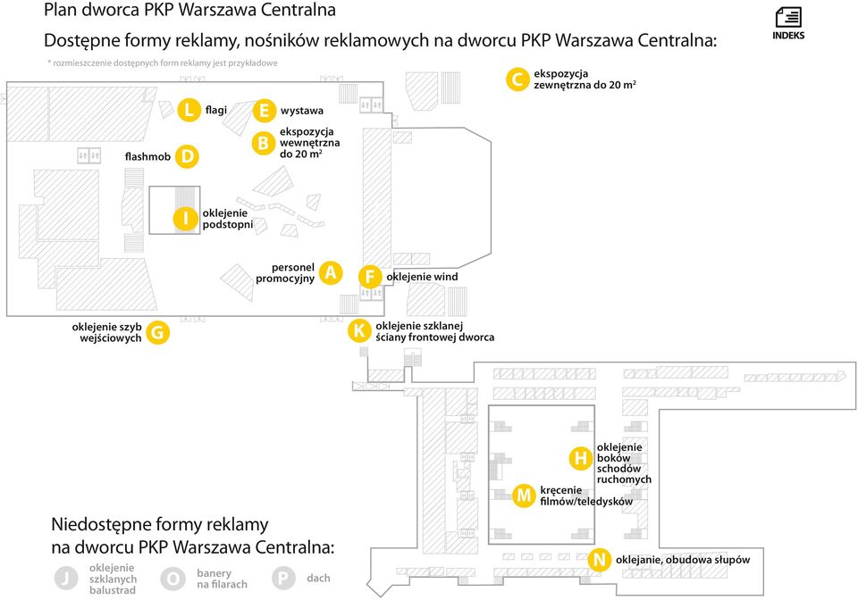 I flagi oklejenie podstopni E B wystawa ekspozycja wewnętrzna do 20 m 2 KASY BILETOWE C Centra Obsługi Klienta Kasy ekspozycja zewnętrzna do 20 m 2 personel promocyjny A F oklejenie wind oklejenie