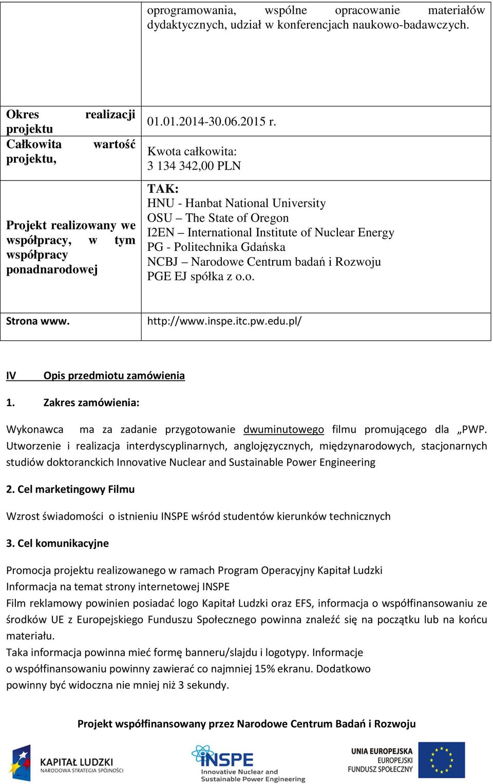 Kwota całkowita: 3 134 342,00 PLN TAK: HNU - Hanbat National University OSU The State of Oregon I2EN International Institute of Nuclear Energy PG - Politechnika Gdańska NCBJ Narodowe Centrum badań i