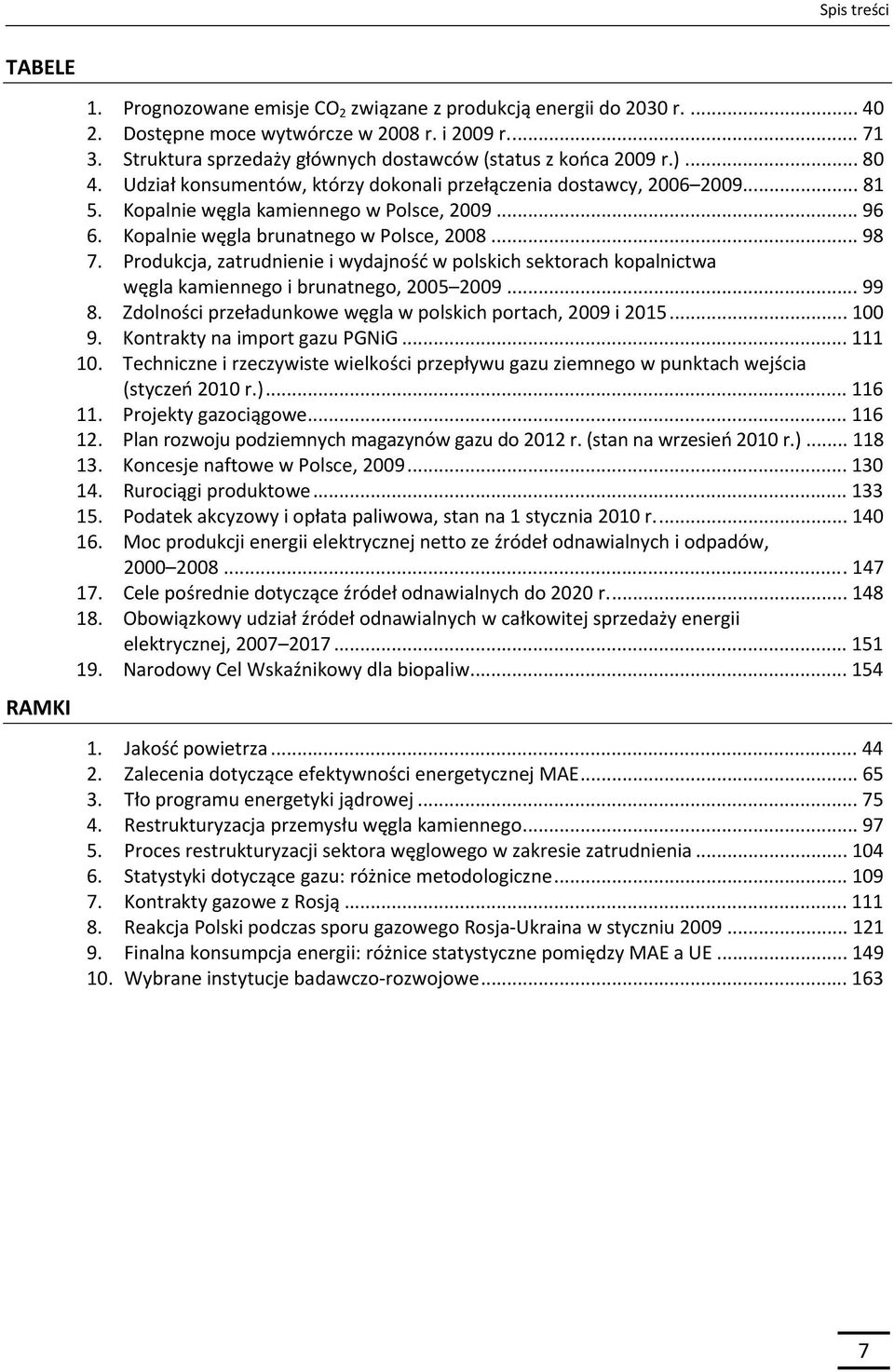 Kopalnie węgla brunatnego w Polsce, 2008... 98 7. Produkcja, zatrudnienie i wydajność w polskich sektorach kopalnictwa węgla kamiennego i brunatnego, 2005 2009... 99 8.