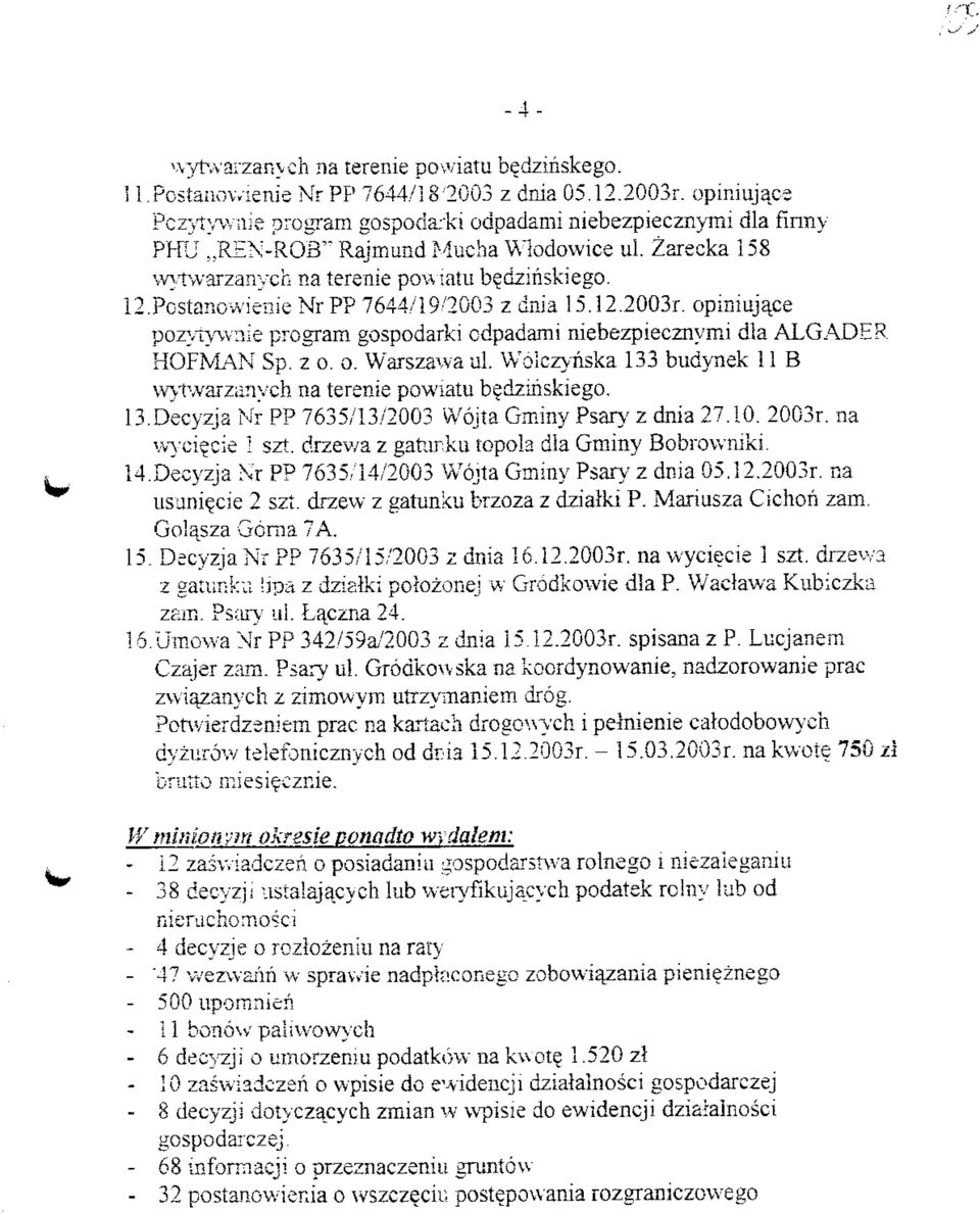 Postanowienie Nr P? 7644/19/2003 z dnia 15.12.2003r. opmiujace pozytywnie program gospodarki cdpadami niebezpiecznymi dla ALGADER HOFMAN Sp. z o. o. Warszawa ul.