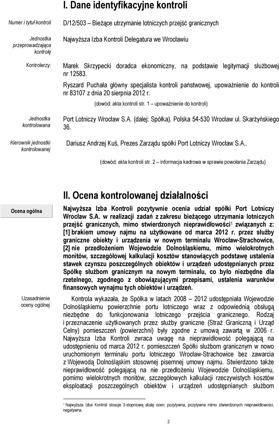 Ryszard Puchała główny specjalista kontroli państwowej, upoważnienie do kontroli nr 83107 z dnia 20 sierpnia 2012 r. (dowód: akta kontroli str. 1 upoważnienie do kontroli) Port Lotniczy Wrocław S.A.