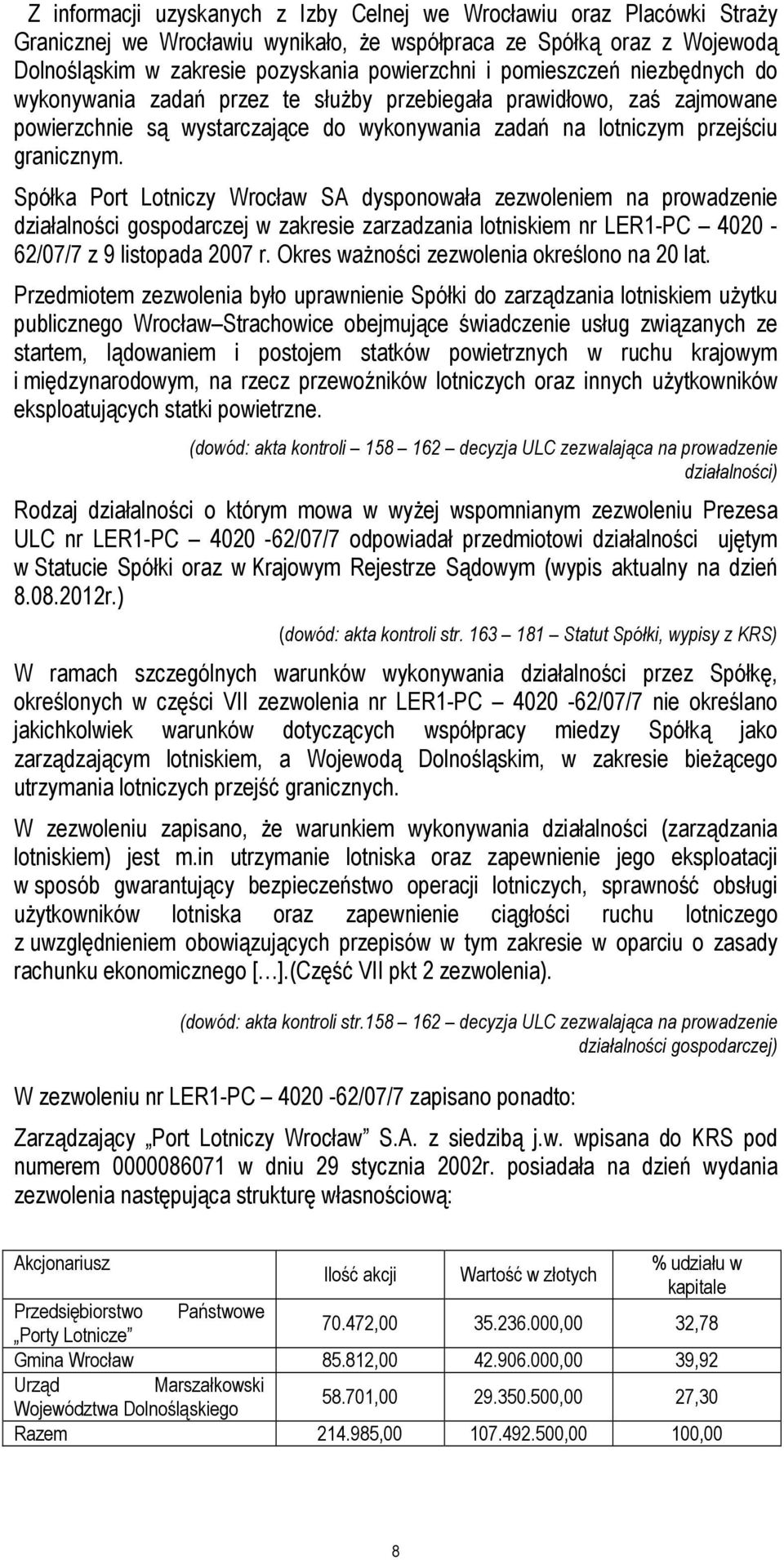 Spółka Port Lotniczy Wrocław SA dysponowała zezwoleniem na prowadzenie działalności gospodarczej w zakresie zarzadzania lotniskiem nr LER1-PC 4020-62/07/7 z 9 listopada 2007 r.