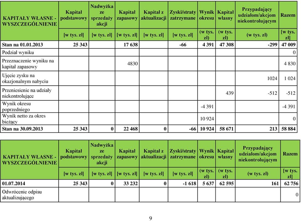 1.213 25 343 17 638-66 4 391 47 38-299 47 9 Podział wyniku Przeznaczenie wyniku na kapitał zapasowy Ujęcie zysku na okazjonalnym nabyciu Przeniesienie na udziały niekontrolujące 483 4 83 124 1 24