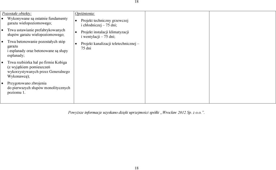 Generalnego Wykonawcę); Przygotowano zbrojenia do pierwszych słupów monolitycznych poziomu 1.