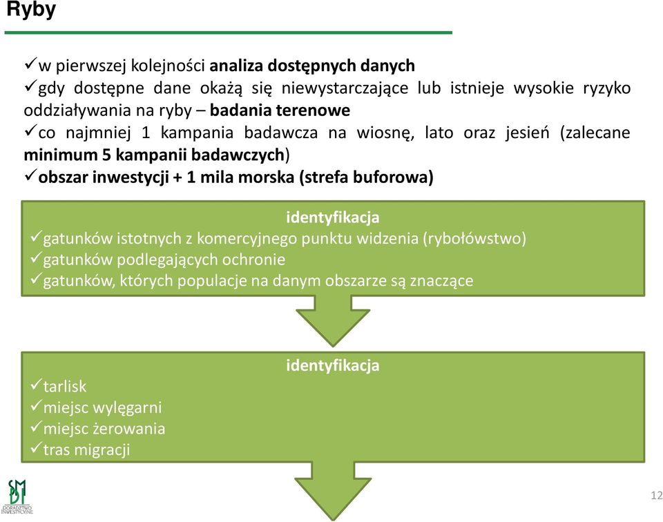 obszar inwestycji + 1 mila morska(strefa buforowa) identyfikacja gatunków istotnych z komercyjnego punktu widzenia (rybołówstwo) gatunków