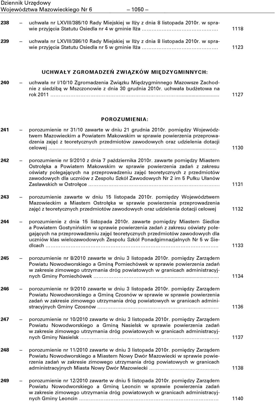 1123 UCHWAŁY ZGROMADZEŃ Z WIĄZKÓW MIĘDZYGMINNY CH: 240 uchwała nr I/10/10 Zgromadzenia Związku Mićdzygminnego Mazowsze Zachodnie z siedzibą w Mszczonowie z dnia 30 grudnia 2010r.