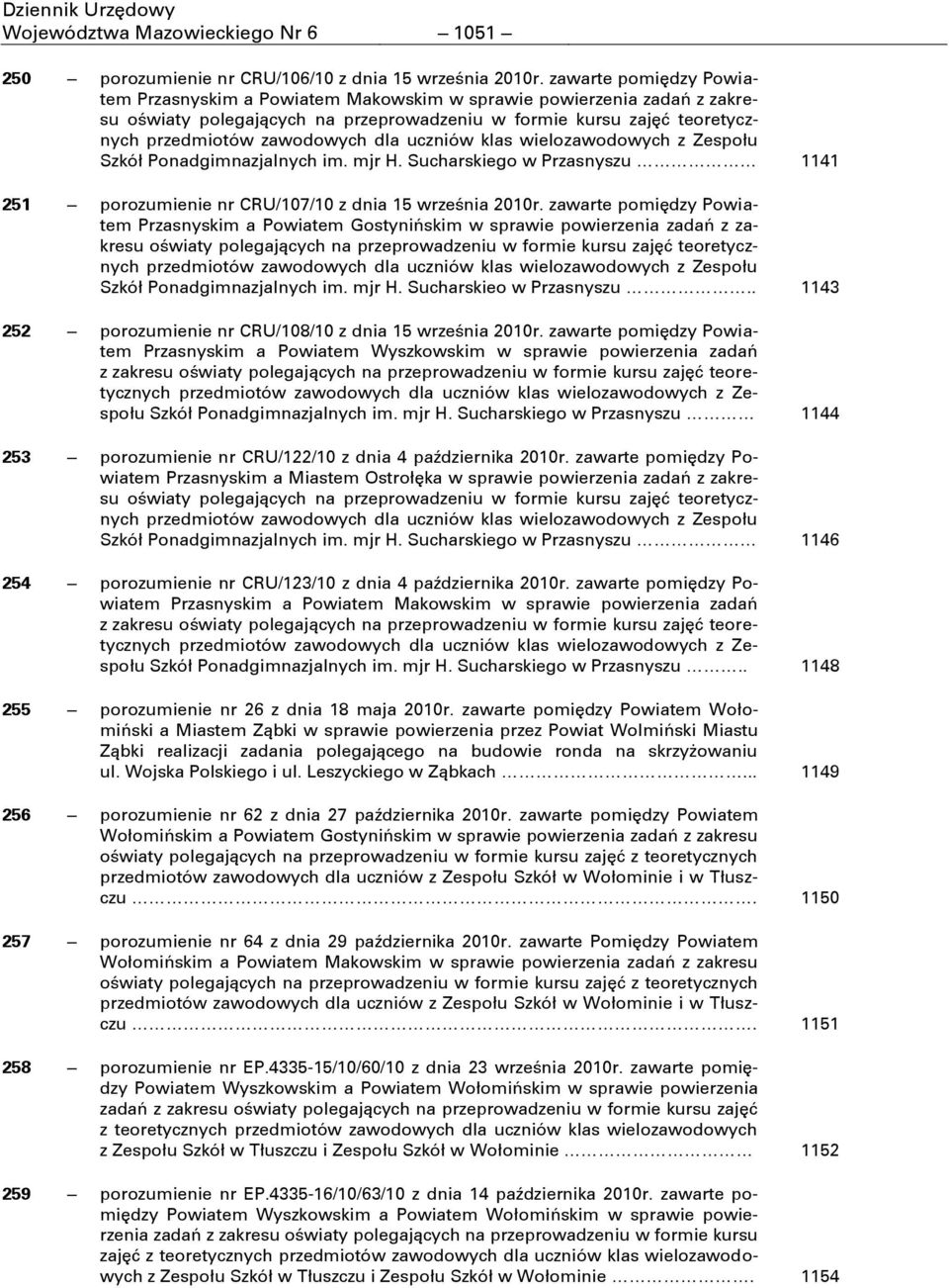 uczniów klas wielozawodowych z Zespołu Szkół Ponadgimnazjalnych im. mjr H. Sucharskiego w Przasnyszu 1141 251 porozumienie nr CRU/107/10 z dnia 15 września 2010r.