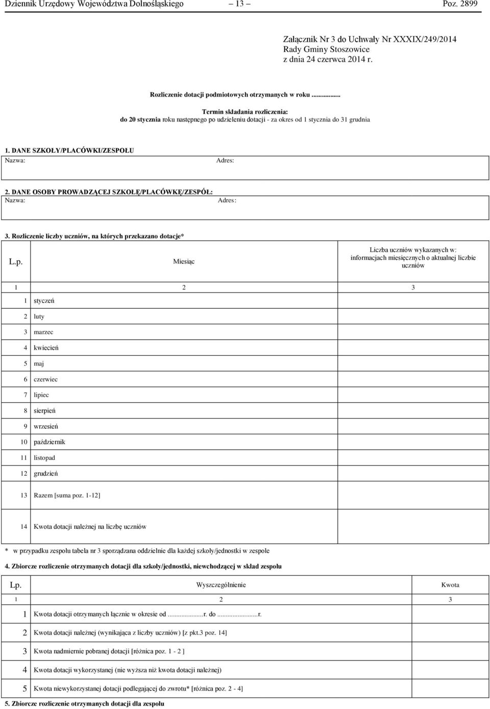 DANE SZKOŁY/PLACÓWKI/ZESPOŁU Nazwa: Adres: 2. DANE OSOBY PROWADZĄCEJ SZKOŁĘ/PLACÓWKĘ/ZESPÓŁ: Nazwa: Adres: 3. Rozliczenie liczby uczniów, na których pr