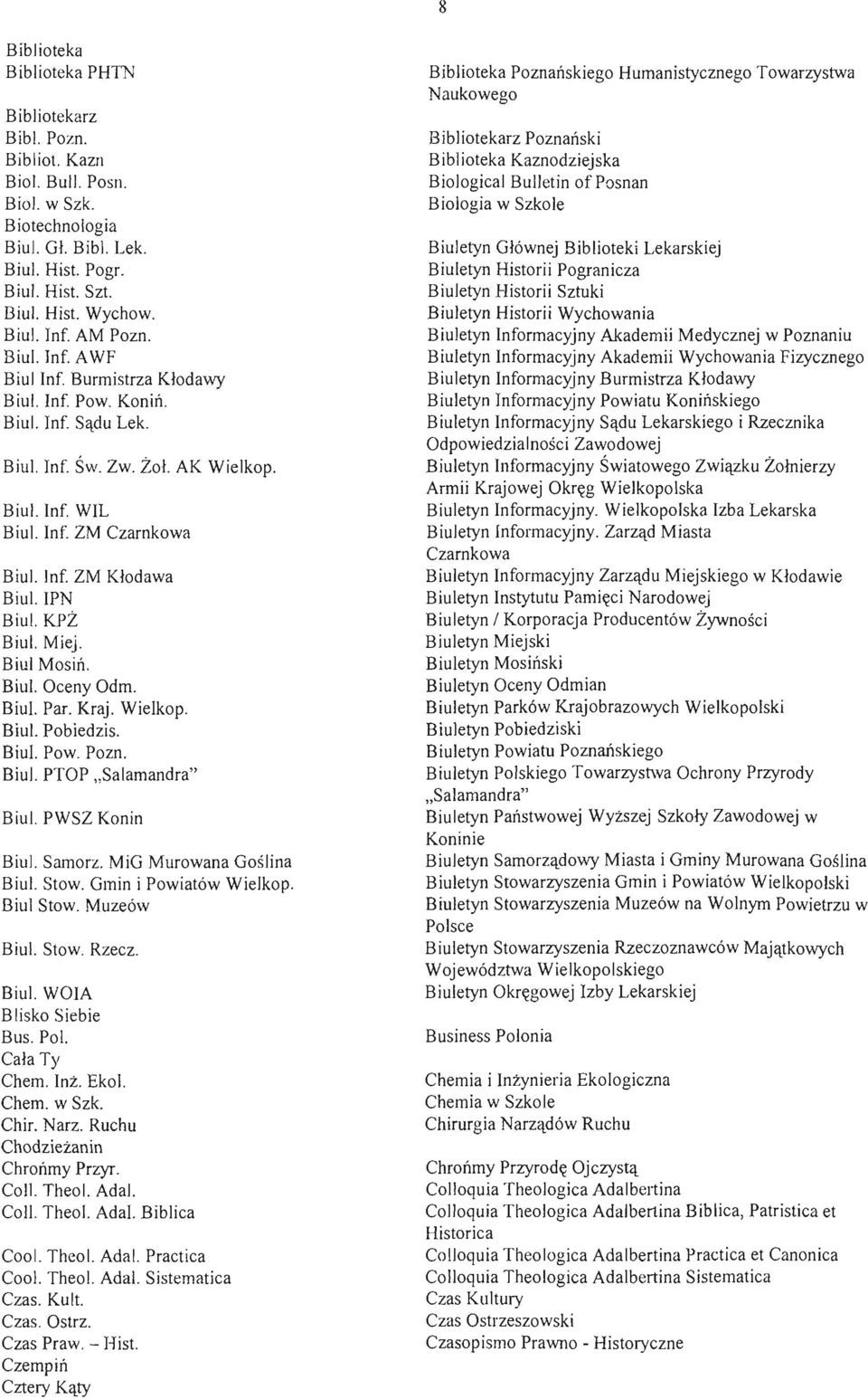 lpn BiuI. KPŻ BiuI. Miej. Biul Mosiń. BiuI. Oceny Odm. BiuI. Par. Kraj. Wielkop. BiuI. Pobiedzis. Biul. Pow. Pozn. BiuI. PTOP "Salamandra" Biu!. PWSZ Konin BiuI. Samorz. MiG Murowana Goślina Biul.