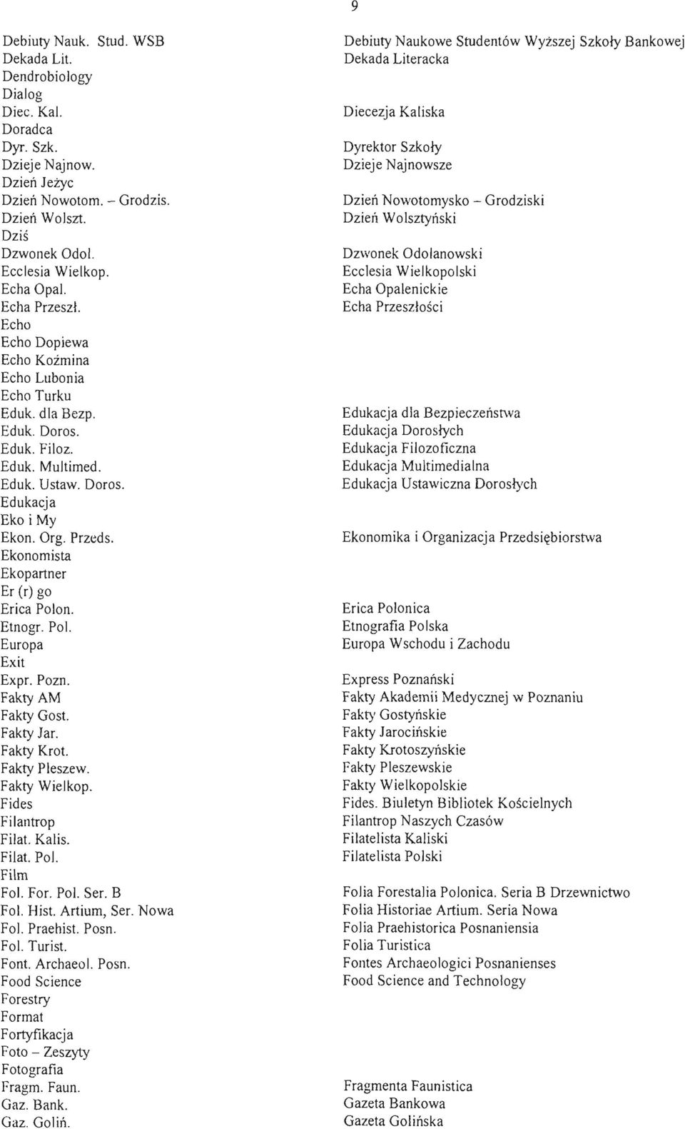 Ekonomista Ekopartner Er (r) go Erica Polon. Etnogr. Pol. Europa Exit Expr. Pozn. Fakty AM Fakty Gost. Fakty Jar. Fakty Krot. Fakty Pleszew. Fakty Wielkop. Fides Filantrop Filat. Kalis. Filat. Pol. Film Fol.