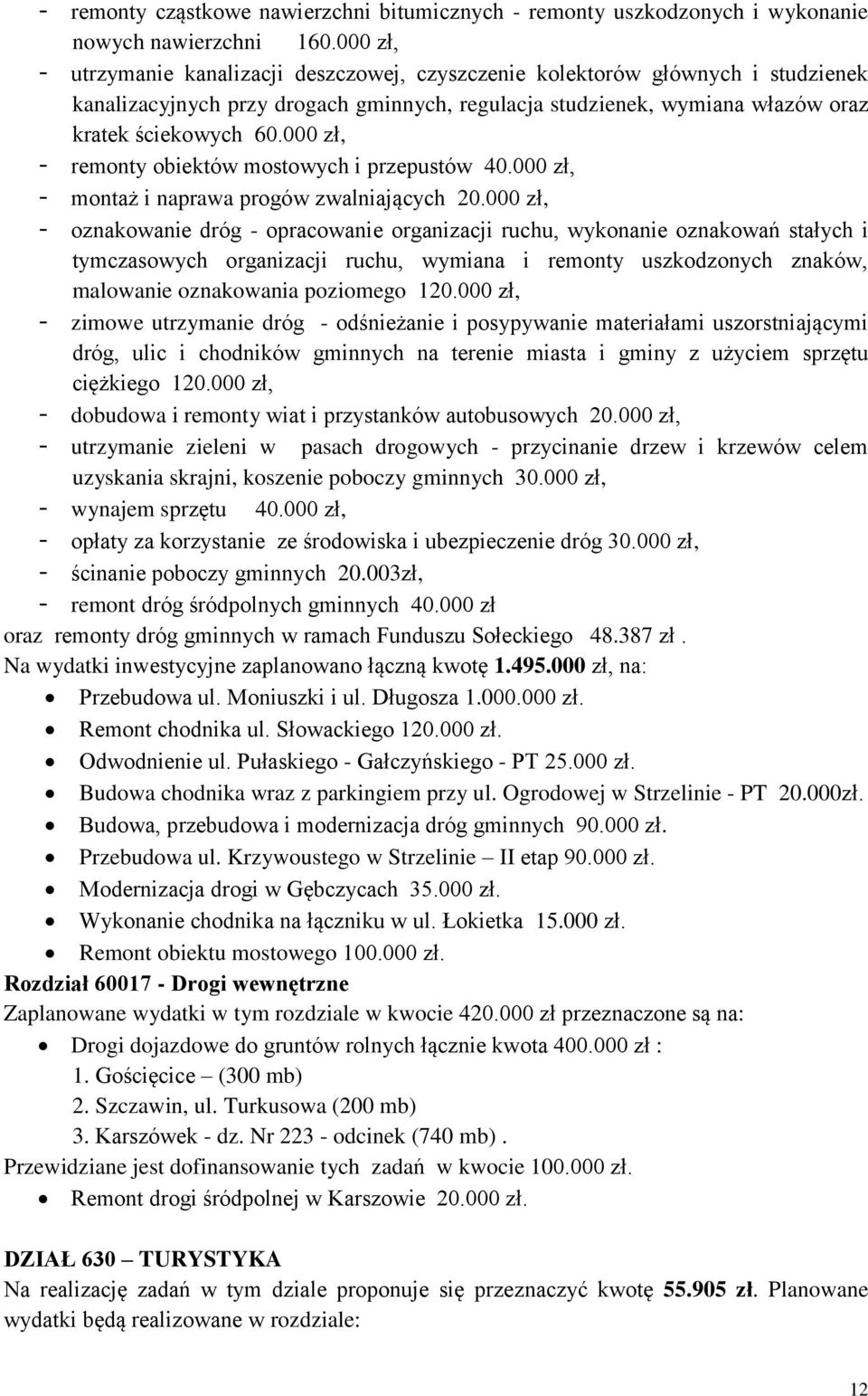 000 zł, - remonty obiektów mostowych i przepustów 40.000 zł, - montaż i naprawa progów zwalniających 20.