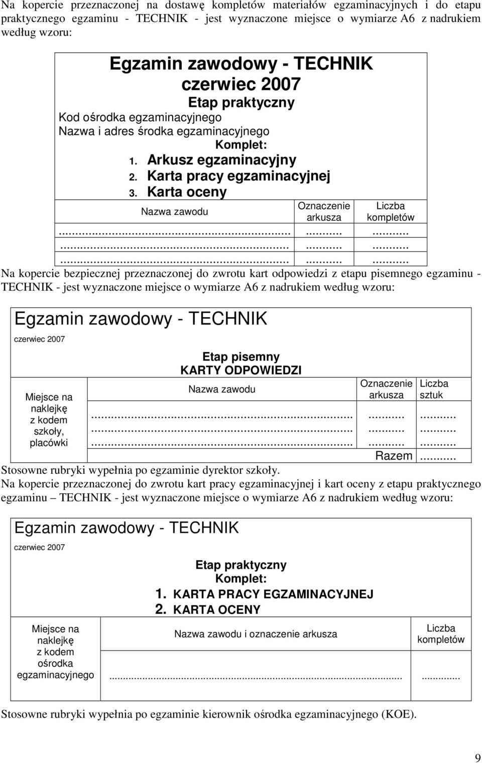 ........ Na kopercie bezpiecznej przeznaczonej do zwrotu kart odpowiedzi z etapu pisemnego egzaminu - TECHNIK - jest wyznaczone miejsce o wymiarze A6 z nadrukiem według wzoru: Miejsce na naklejkę z