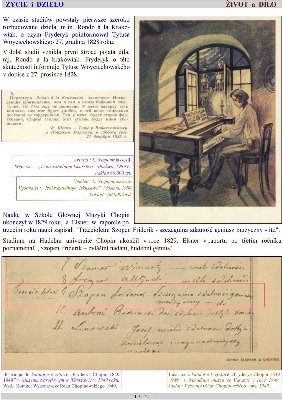 1980 r, nakład 80000 szt Umělec : Ł Niepomniaszczij Vydavatel : Izobrazitielnoje Iskusstwo Moskva, 1980 Náklad : 80000 kusů Naukę w Szkole Głównej Muzyki Chopin ukończył w 1829 roku, a Elsner w