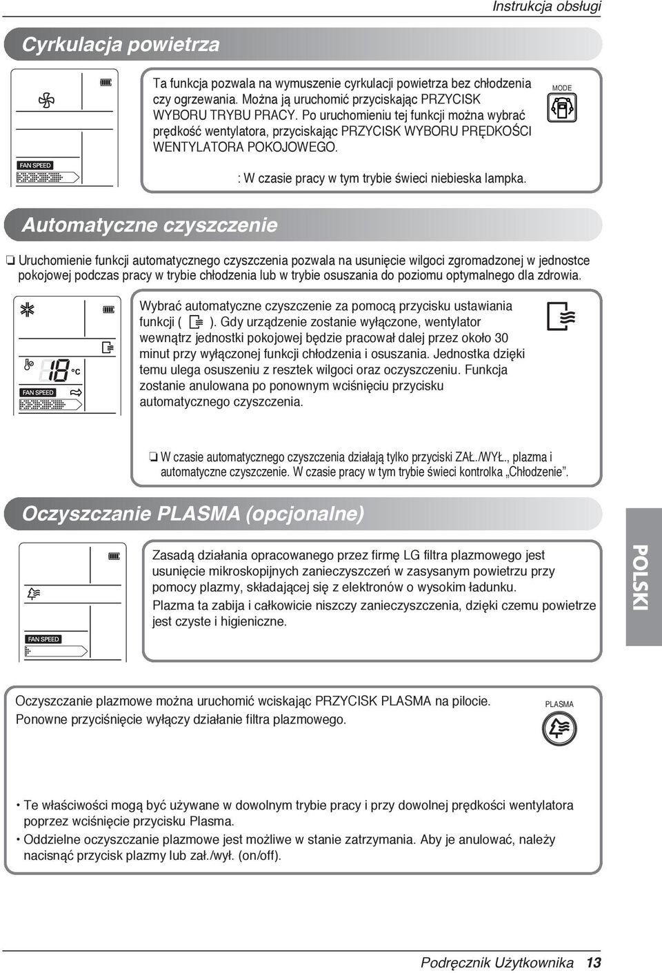 Automatyczne czyszczenie Uruchomienie funkcji automatycznego czyszczenia pozwala na usunięcie wilgoci zgromadzonej w jednostce pokojowej podczas pracy w trybie chłodzenia lub w trybie osuszania do