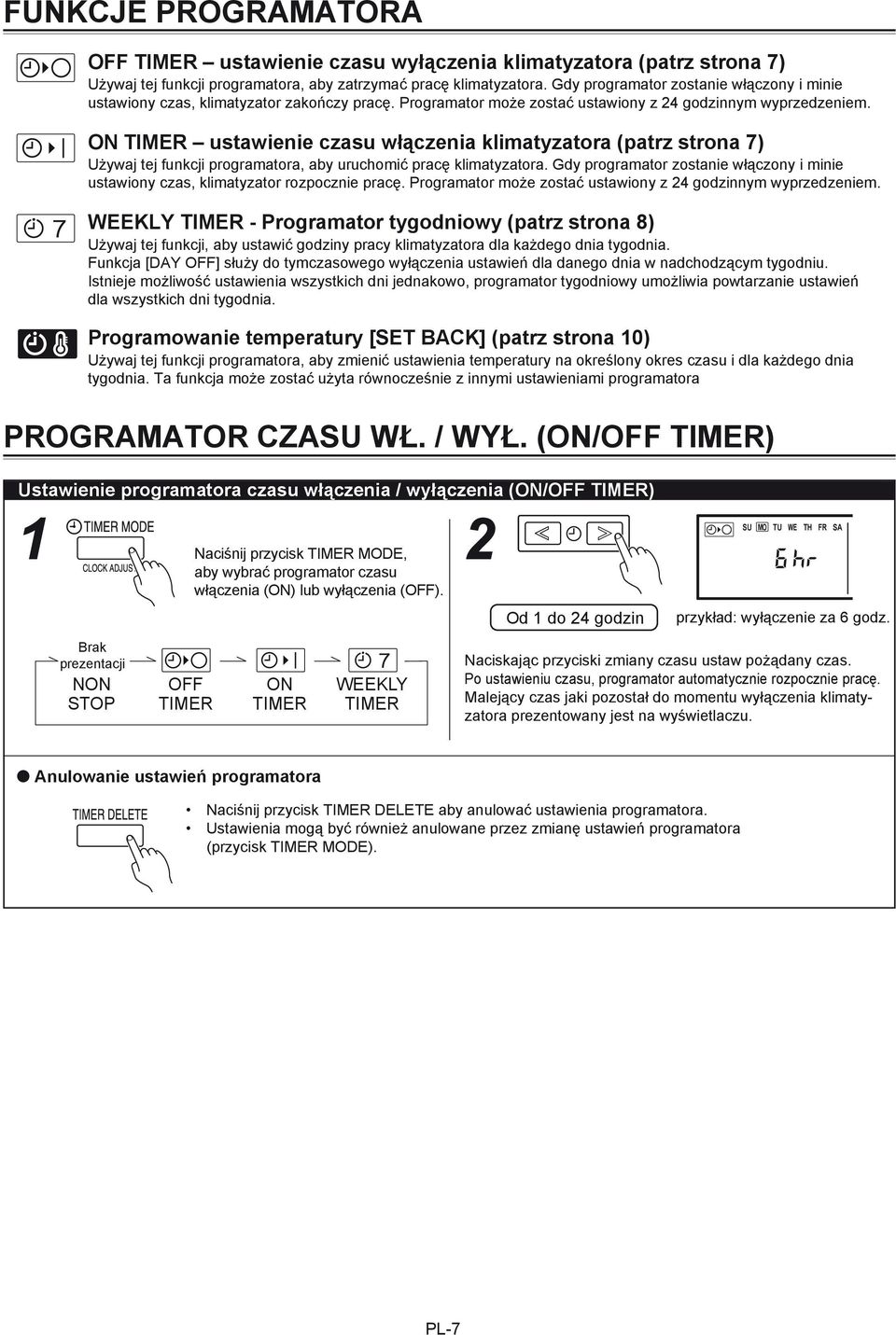 ON TIMER ustawienie czasu włączenia klimatyzatora (patrz strona 7) Używaj tej funkcji programatora, aby uruchomić pracę klimatyzatora.