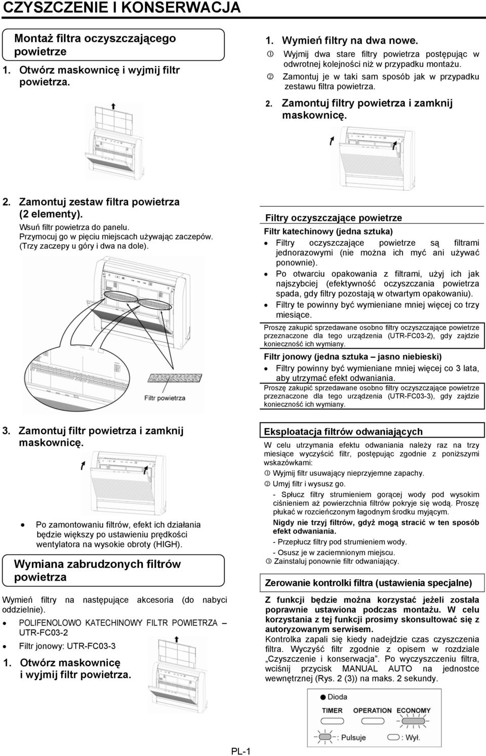 Zamontuj filtry powietrza i zamknij maskownicę. 2. Zamontuj zestaw filtra powietrza (2 elementy). Wsuń filtr powietrza do panelu. Przymocuj go w pięciu miejscach używając zaczepów.